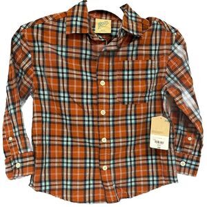 THEREABOUTS Plaid Boys XXS 4-5 Orange Black White‎ Long Sleeve Pocket Shirt NWT